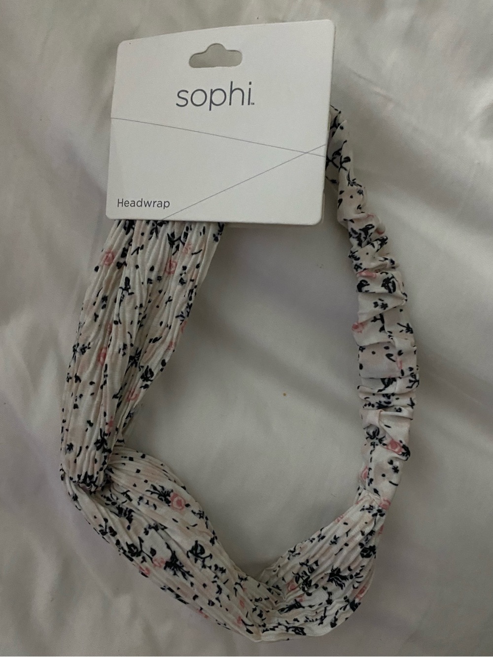 sophi. Floral Headwrap in White with Black and Pink Accents